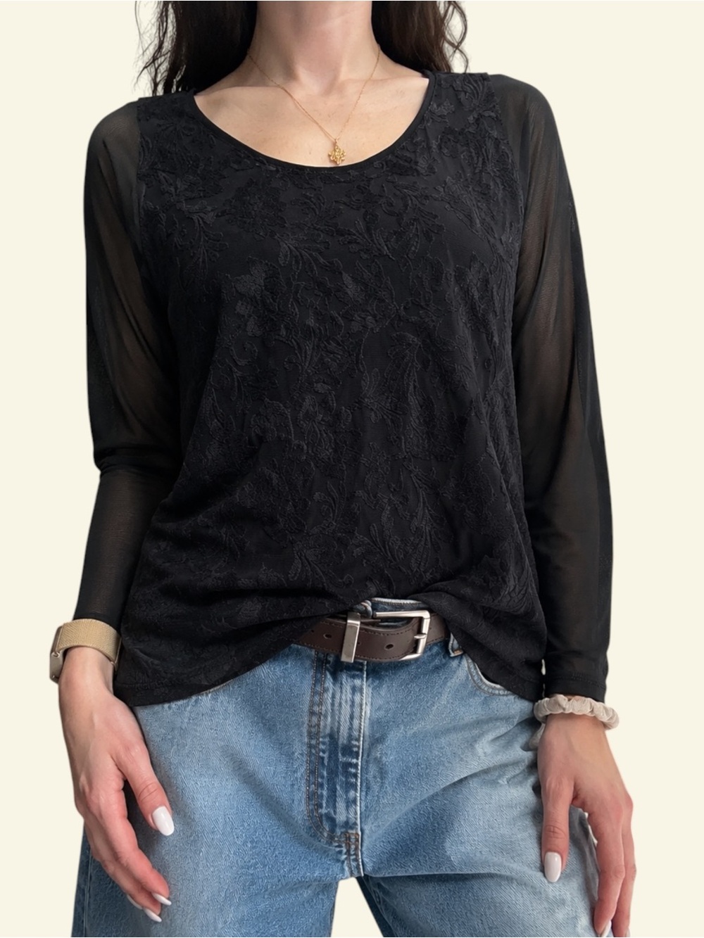 VTG Y2K INC Black Embroidered Mesh Top Sheer Long Sleeve Whimsygoth Grunge XL